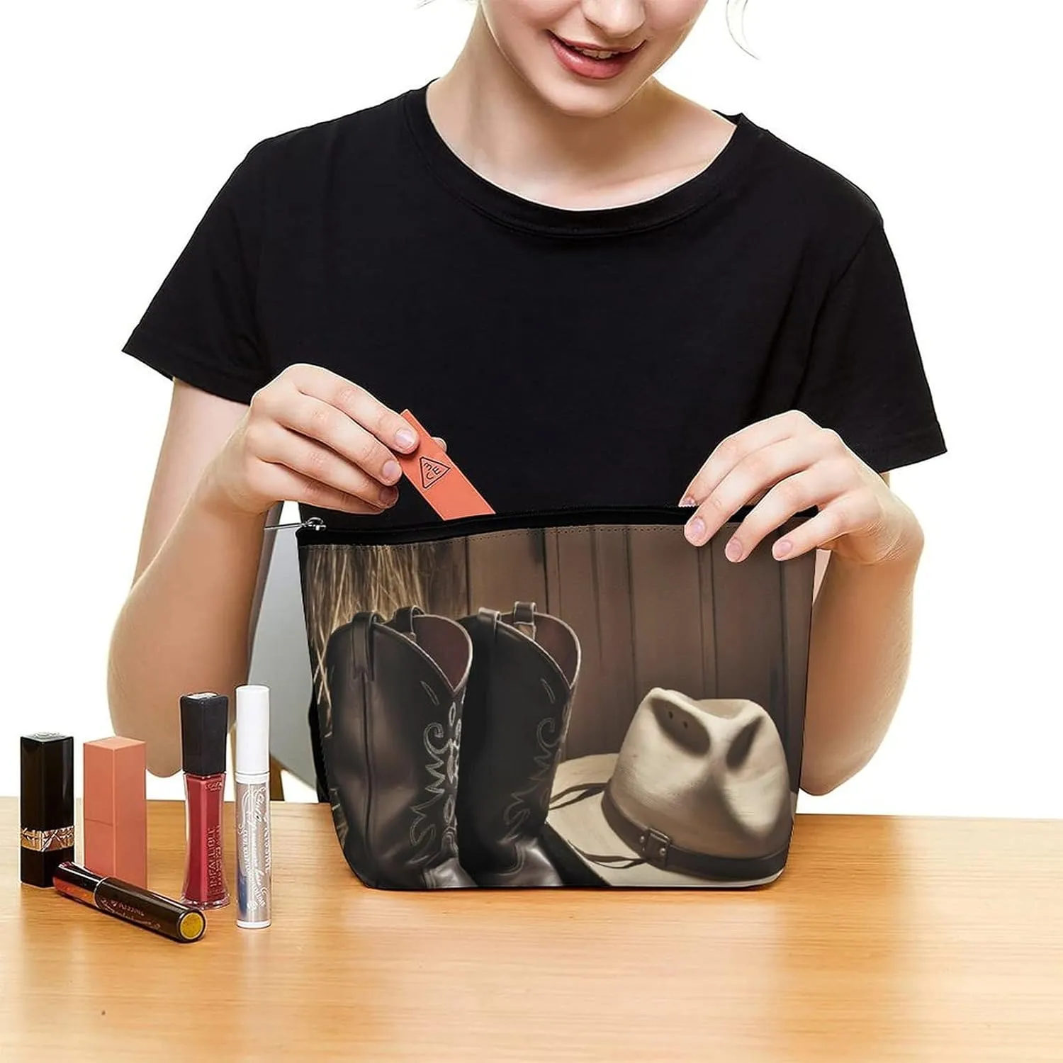 Cowboy Black Hat Western Boots Cosmetic Bag Portable Toiletry Bag Large Capacity Travel Makeup Bags Beauty Makeup Organizer for Full-Sized Shampoo Conditioner Brushes Set Makeup Accessories
