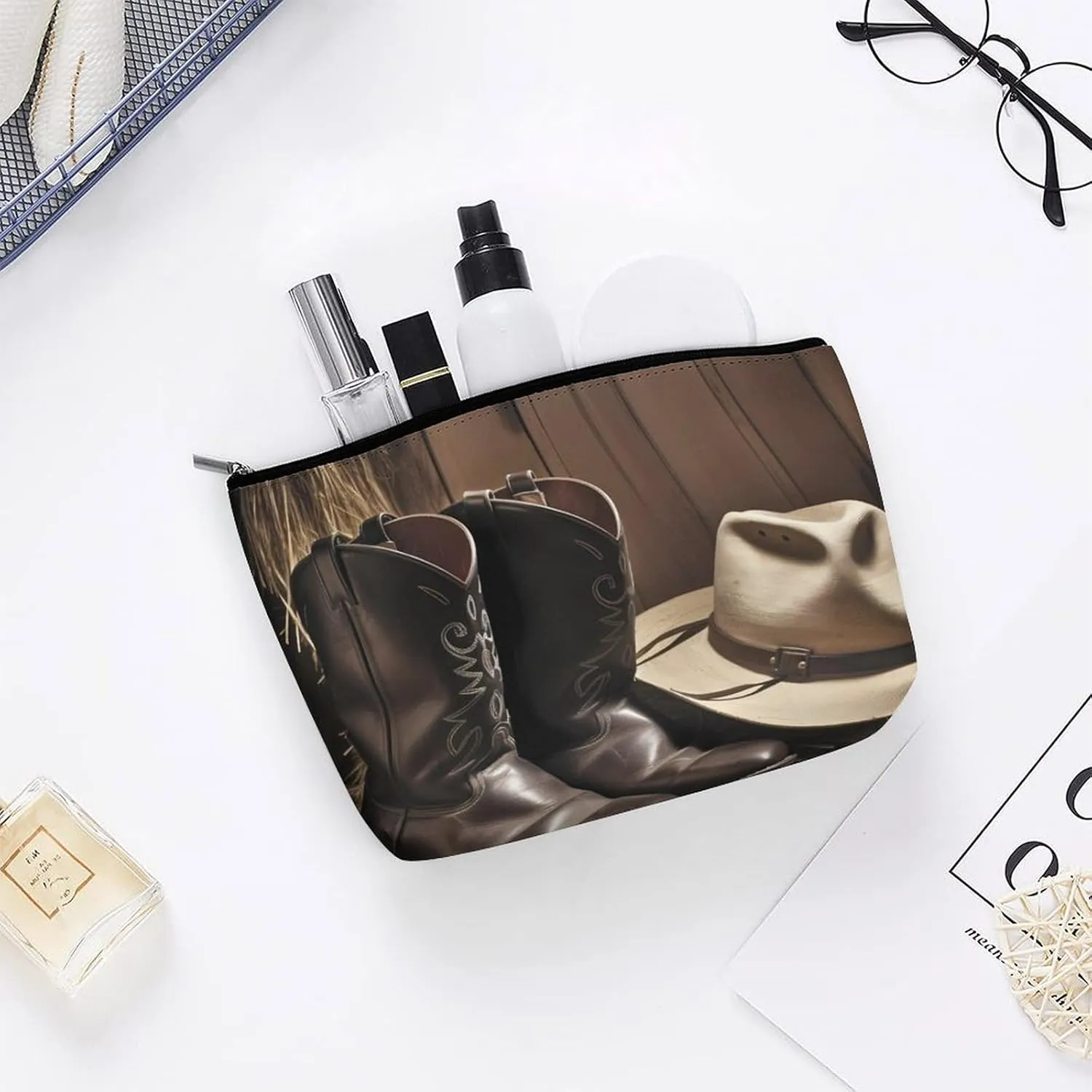 Cowboy Black Hat Western Boots Cosmetic Bag Portable Toiletry Bag Large Capacity Travel Makeup Bags Beauty Makeup Organizer for Full-Sized Shampoo Conditioner Brushes Set Makeup Accessories