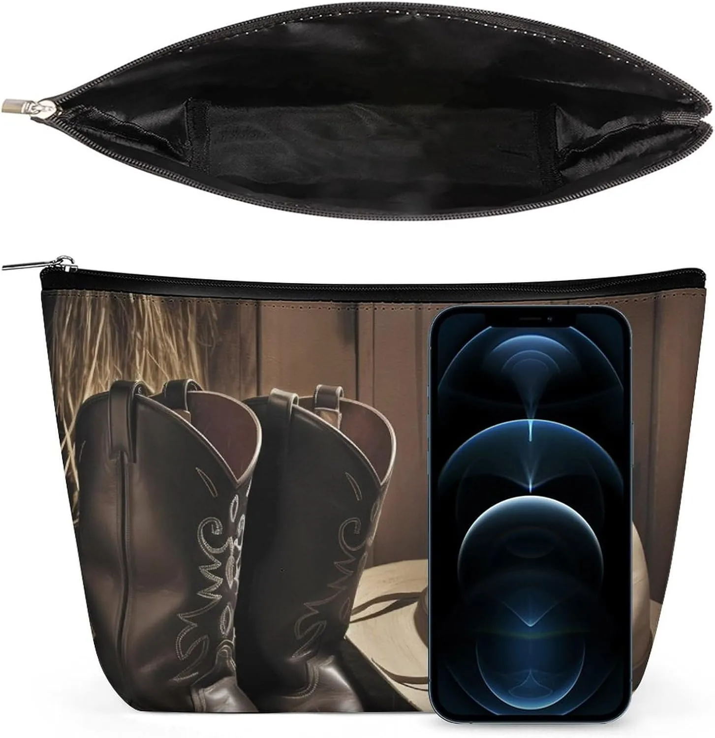 Cowboy Black Hat Western Boots Cosmetic Bag Portable Toiletry Bag Large Capacity Travel Makeup Bags Beauty Makeup Organizer for Full-Sized Shampoo Conditioner Brushes Set Makeup Accessories