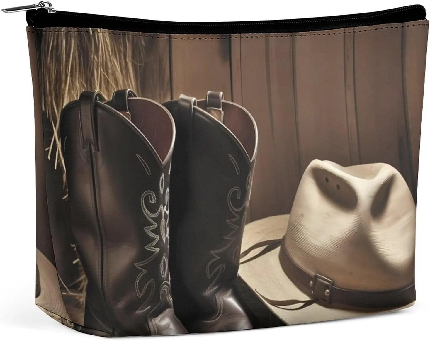 Cowboy Black Hat Western Boots Cosmetic Bag Portable Toiletry Bag Large Capacity Travel Makeup Bags Beauty Makeup Organizer for Full-Sized Shampoo Conditioner Brushes Set Makeup Accessories