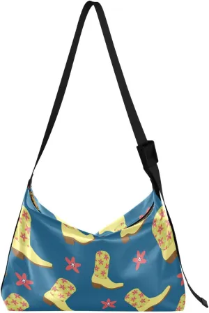 Cowgirl Boots with Flowers Hobo Crossbody Bags for Women Leather Large Shoulder Bag Cross Body 3artoon Cowboy Trendy Womens Tote Bags Handbag for Travel Shopping
