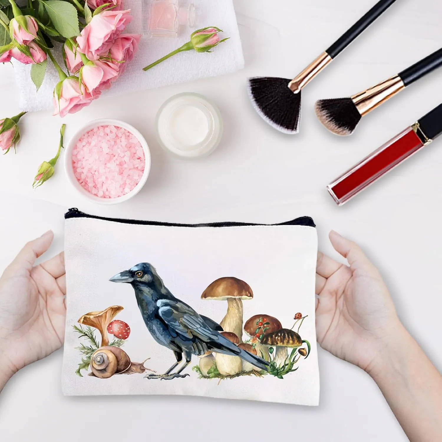 CREATCABIN Bird Mushroom Makeup Bags for Purse Multi-Function Cosmetic Bag with Metal Zipper Pouches Polycotton Toiletry Travel Washing Bag Large Storage for Women Student Gifts 10 x 7Inch