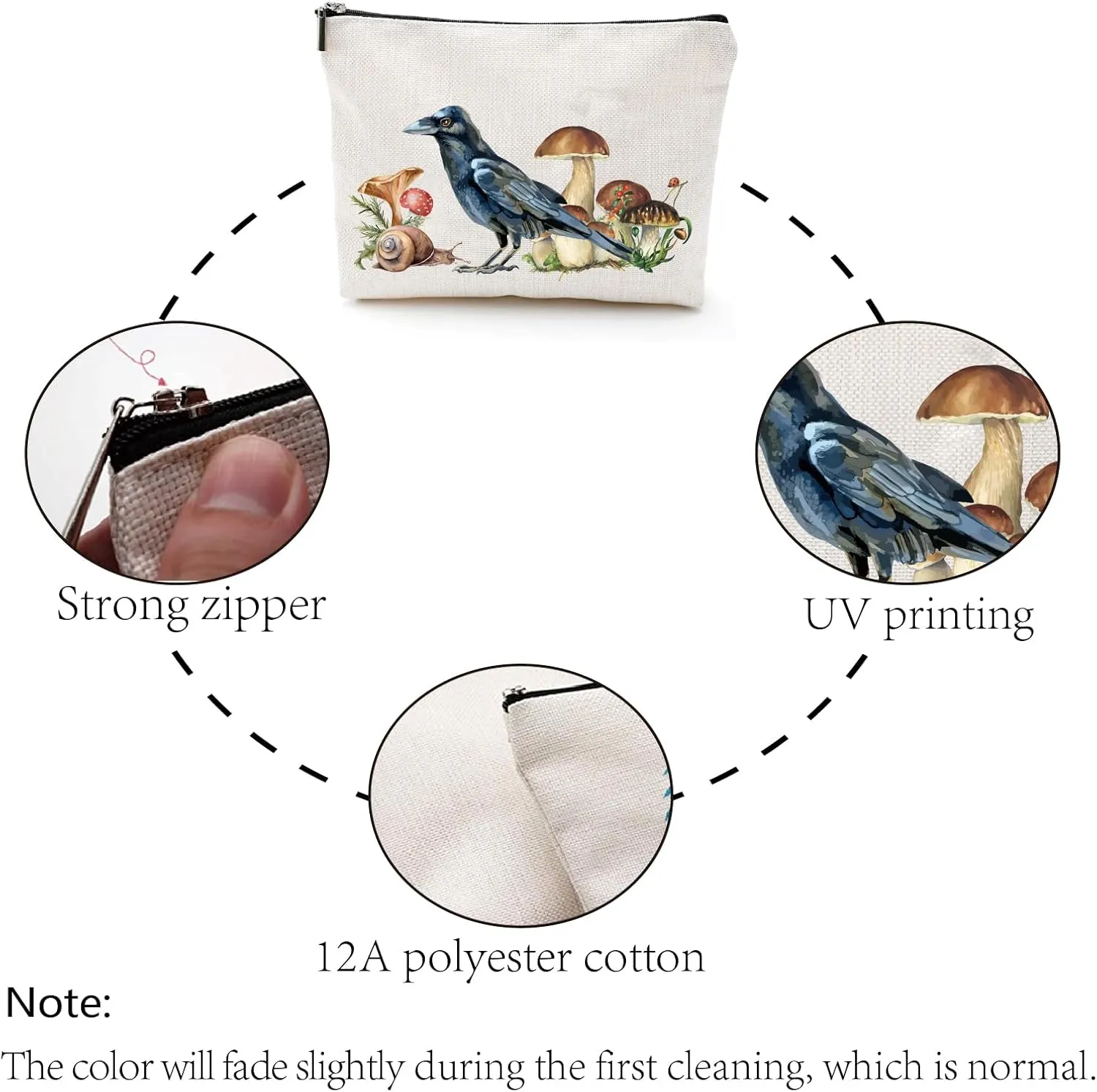 CREATCABIN Bird Mushroom Makeup Bags for Purse Multi-Function Cosmetic Bag with Metal Zipper Pouches Polycotton Toiletry Travel Washing Bag Large Storage for Women Student Gifts 10 x 7Inch