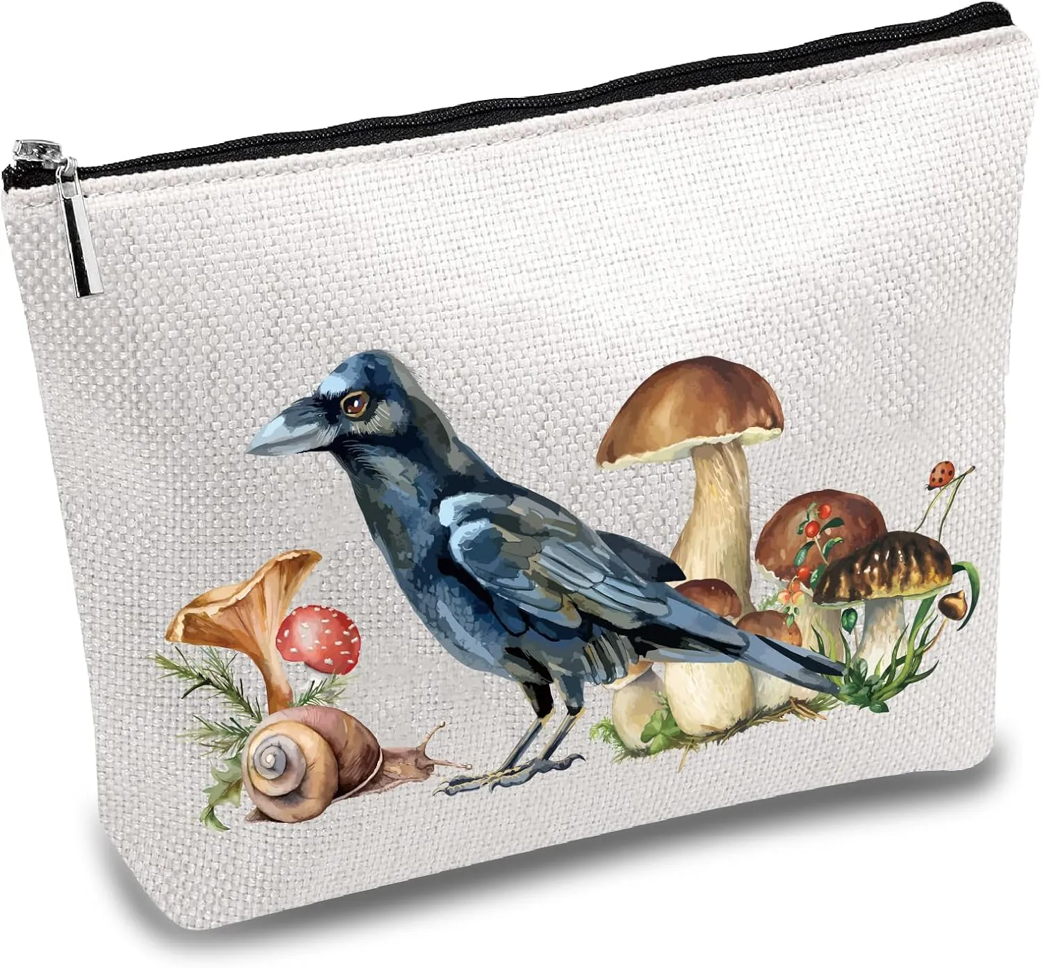 CREATCABIN Bird Mushroom Makeup Bags for Purse Multi-Function Cosmetic Bag with Metal Zipper Pouches Polycotton Toiletry Travel Washing Bag Large Storage for Women Student Gifts 10 x 7Inch