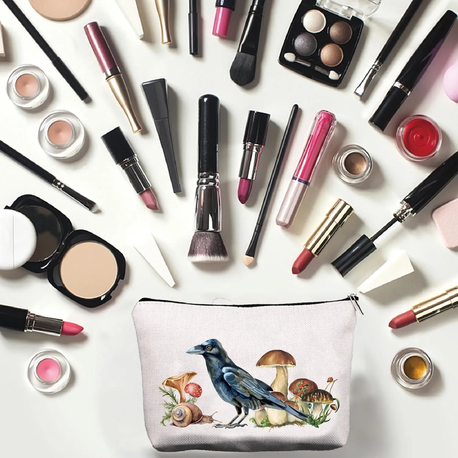 CREATCABIN Bird Mushroom Makeup Bags for Purse Multi-Function Cosmetic Bag with Metal Zipper Pouches Polycotton Toiletry Travel Washing Bag Large Storage for Women Student Gifts 10 x 7Inch