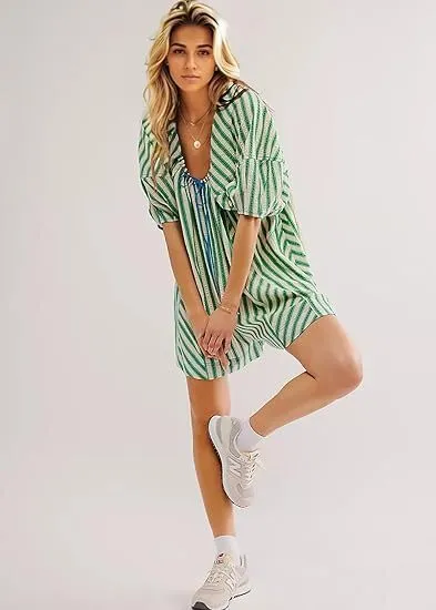 Cute Summer Oversized Romper Women Y2K Bow Tie Front Jumpsuit Shorts Coquette Striped Babydoll Skirt Fairycore Clothes