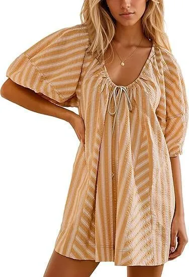 Cute Summer Oversized Romper Women Y2K Bow Tie Front Jumpsuit Shorts Coquette Striped Babydoll Skirt Fairycore Clothes