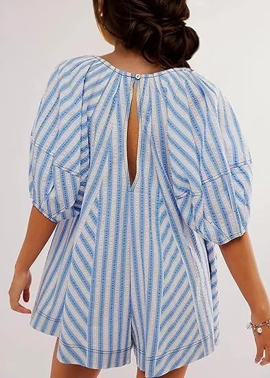 Cute Summer Oversized Romper Women Y2K Bow Tie Front Jumpsuit Shorts Coquette Striped Babydoll Skirt Fairycore Clothes