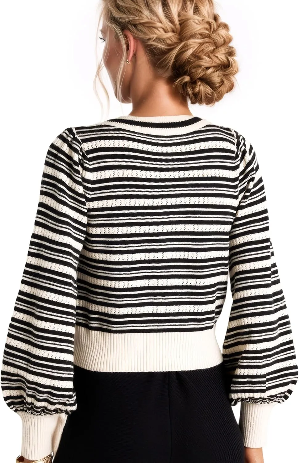 D-Sun Women Stripe Bow Sweater V-Neck Long Sleeves Elegant Cardigan Snaped Knit Ribbed Y2K Open Front Tops