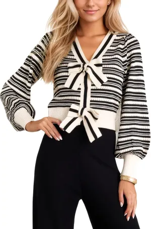 D-Sun Women Stripe Bow Sweater V-Neck Long Sleeves Elegant Cardigan Snaped Knit Ribbed Y2K Open Front Tops