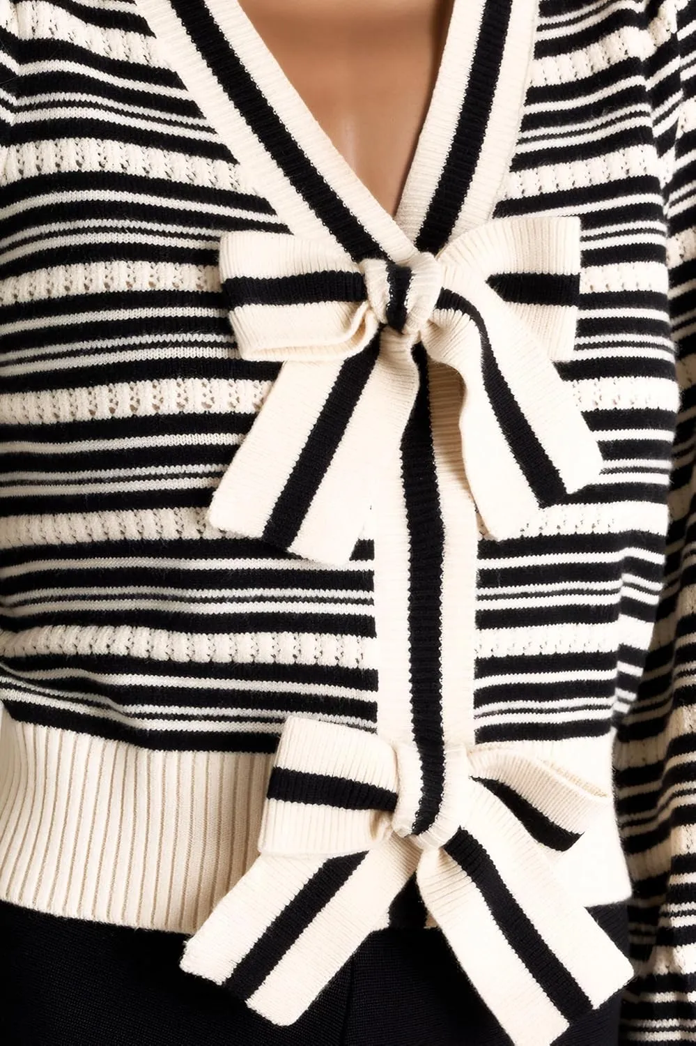 D-Sun Women Stripe Bow Sweater V-Neck Long Sleeves Elegant Cardigan Snaped Knit Ribbed Y2K Open Front Tops