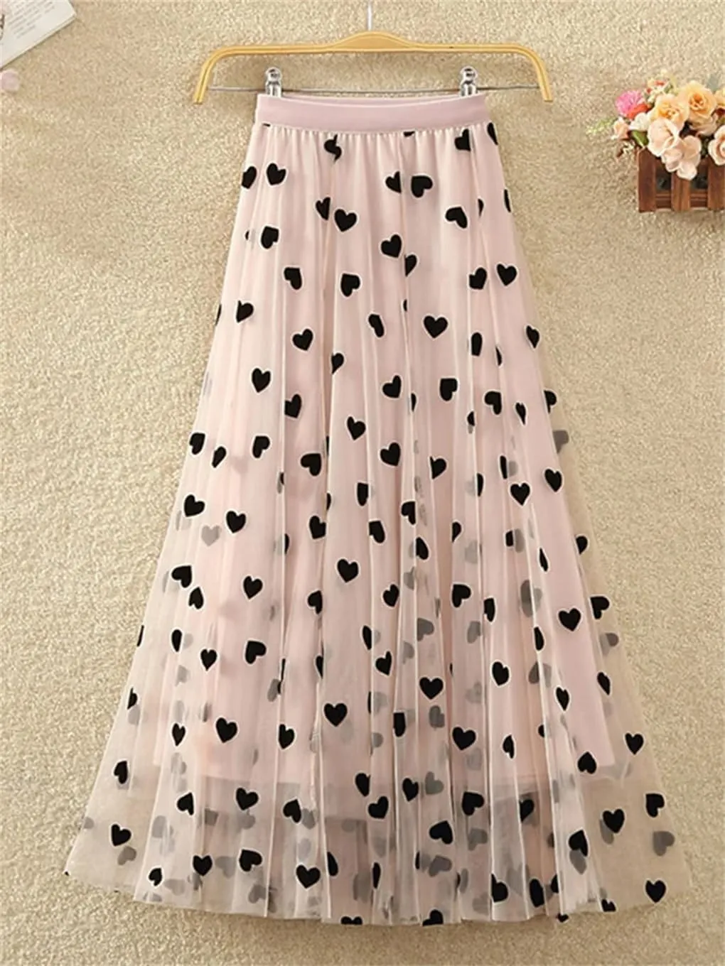 DBFBDTU Printing Pleated Skirt for Women Gauze High Waist Mid-Calf Skirts Mesh A-Line Midi Skirt