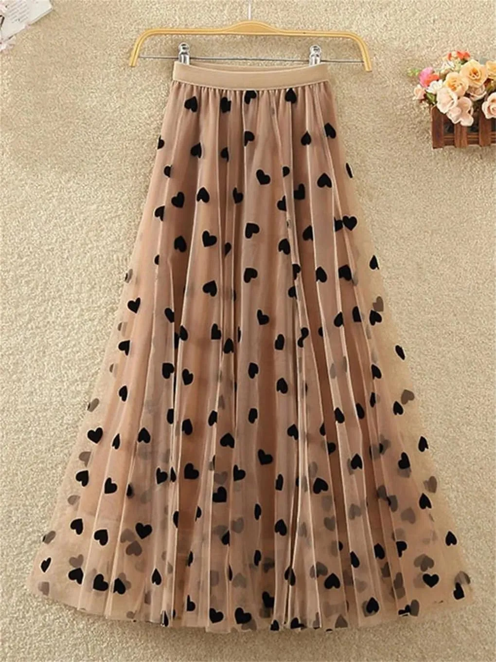 DBFBDTU Printing Pleated Skirt for Women Gauze High Waist Mid-Calf Skirts Mesh A-Line Midi Skirt