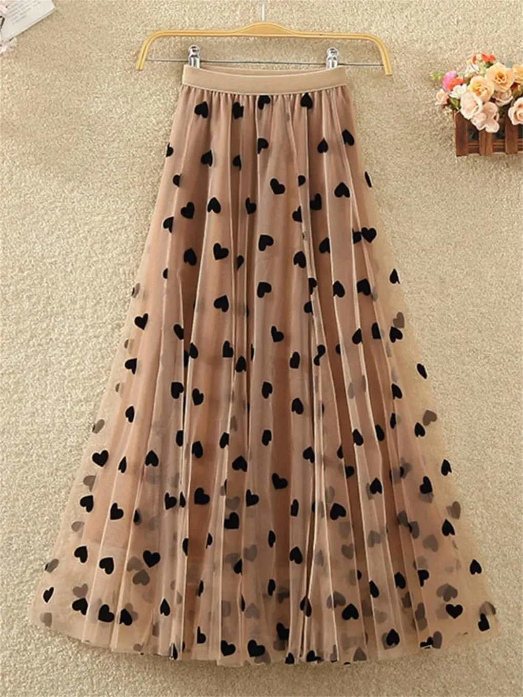 DBFBDTU Printing Pleated Skirt for Women Gauze High Waist Mid-Calf Skirts Mesh A-Line Midi Skirt