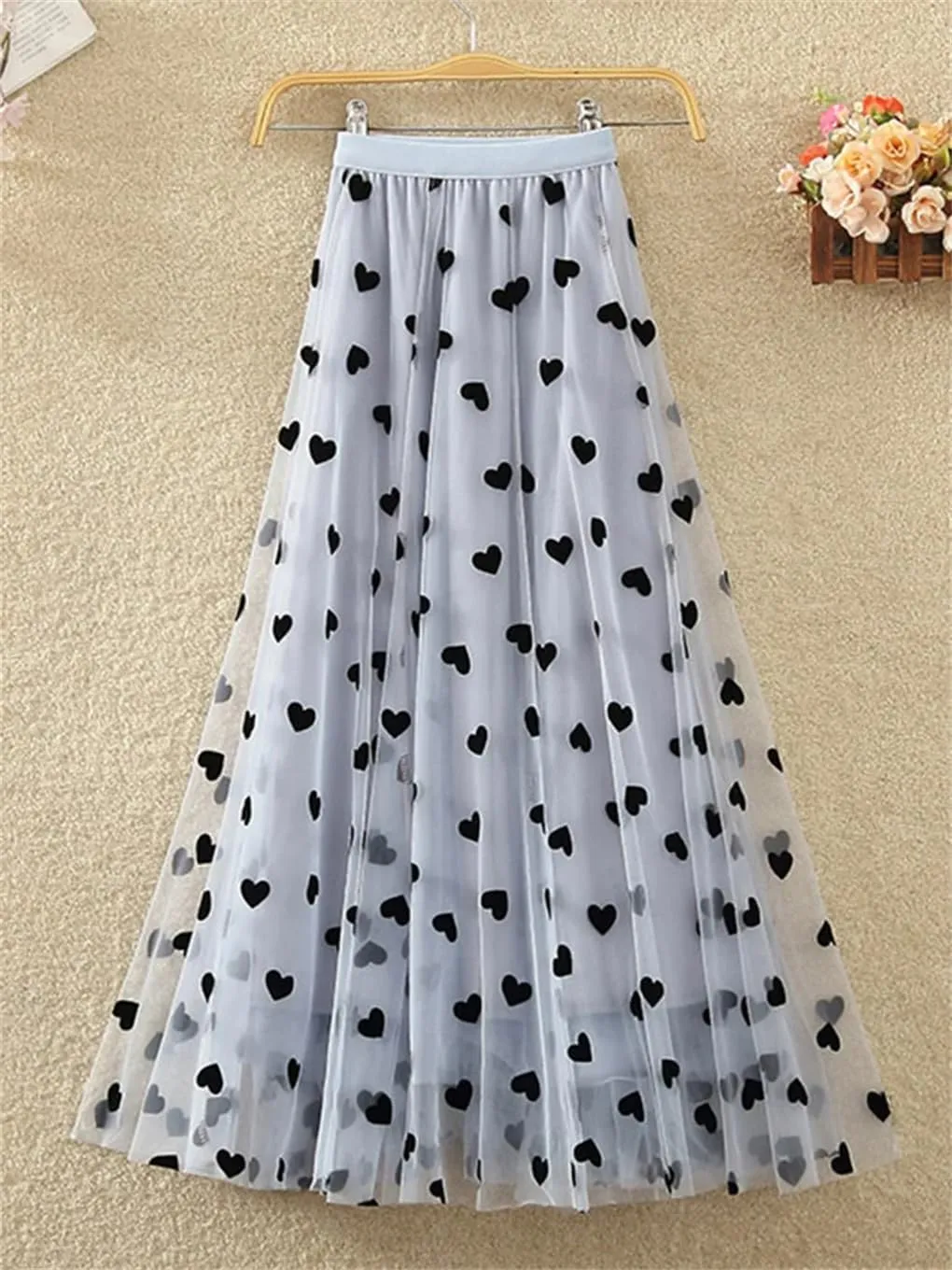 DBFBDTU Printing Pleated Skirt for Women Gauze High Waist Mid-Calf Skirts Mesh A-Line Midi Skirt