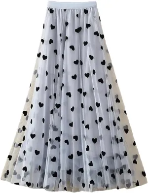 DBFBDTU Printing Pleated Skirt for Women Gauze High Waist Mid-Calf Skirts Mesh A-Line Midi Skirt