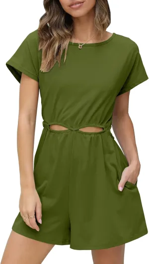 DEEP SELF Women's Summer Rompers Short Sleeve Cut Out Casual Loose Shorts Jumpsuit with Pockets