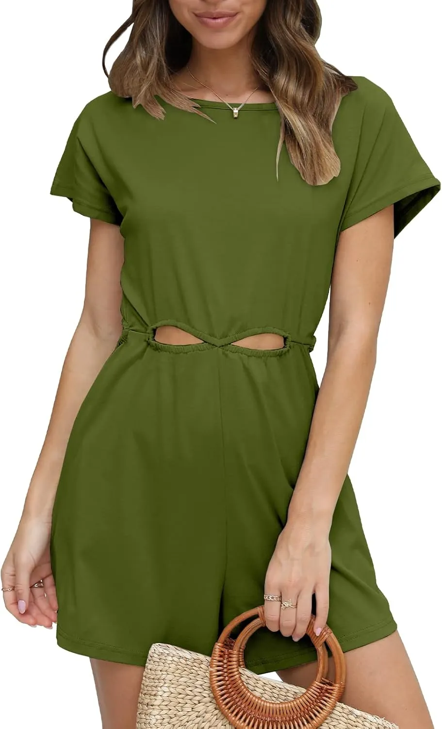 DEEP SELF Women's Summer Rompers Short Sleeve Cut Out Casual Loose Shorts Jumpsuit with Pockets
