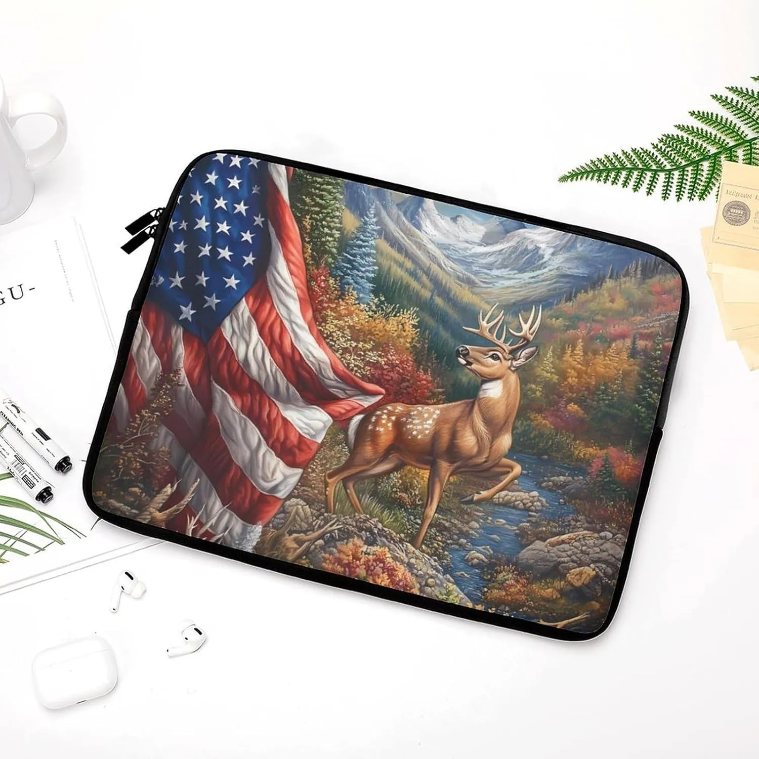 Deer Hunting US Flag Laptop Case Sleeve Bag 12inch Durable Shockproof Protective Computer Carrying Cover Briefcase