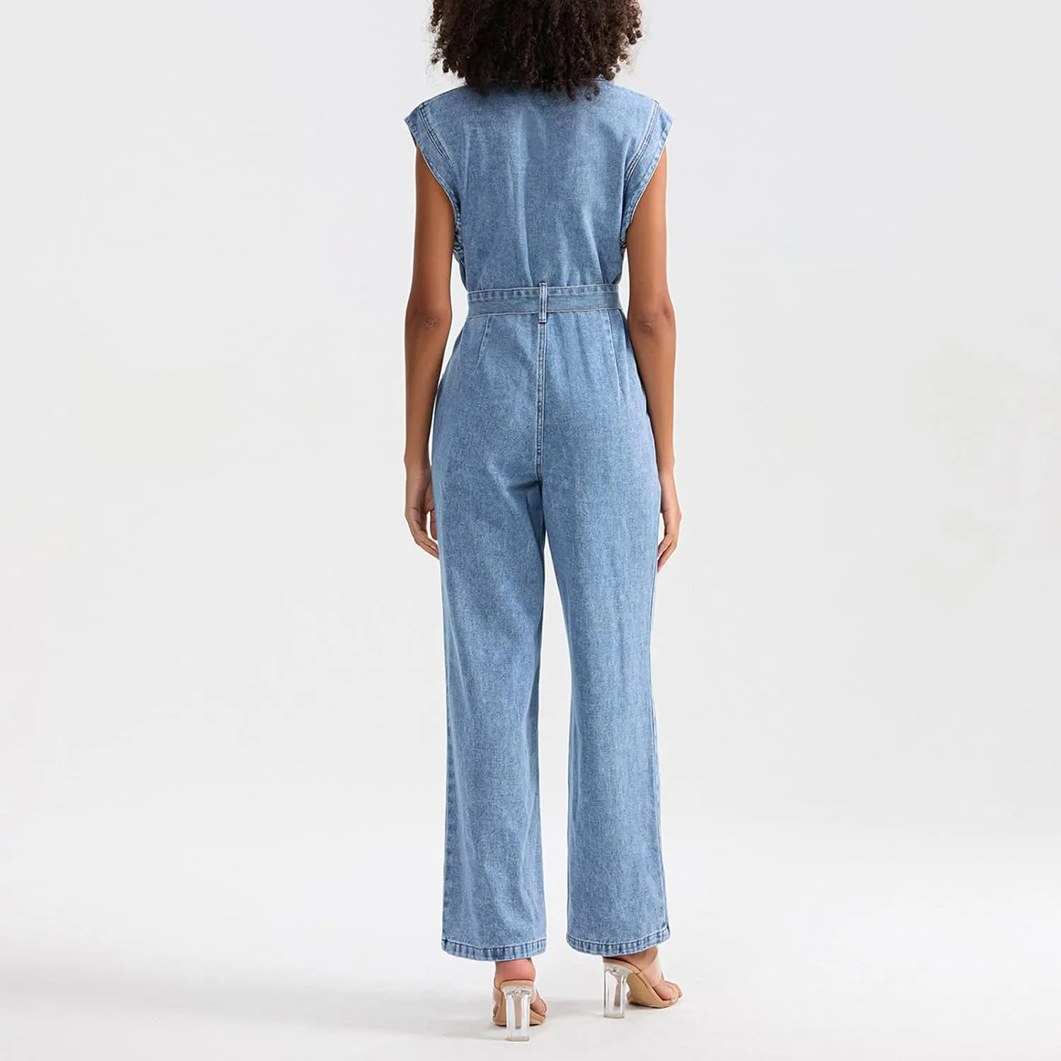 Denim Jumpsuits for Women Sleeveless Button High Waist Straight Leg Jumpsuits Summer Rompers with Belt