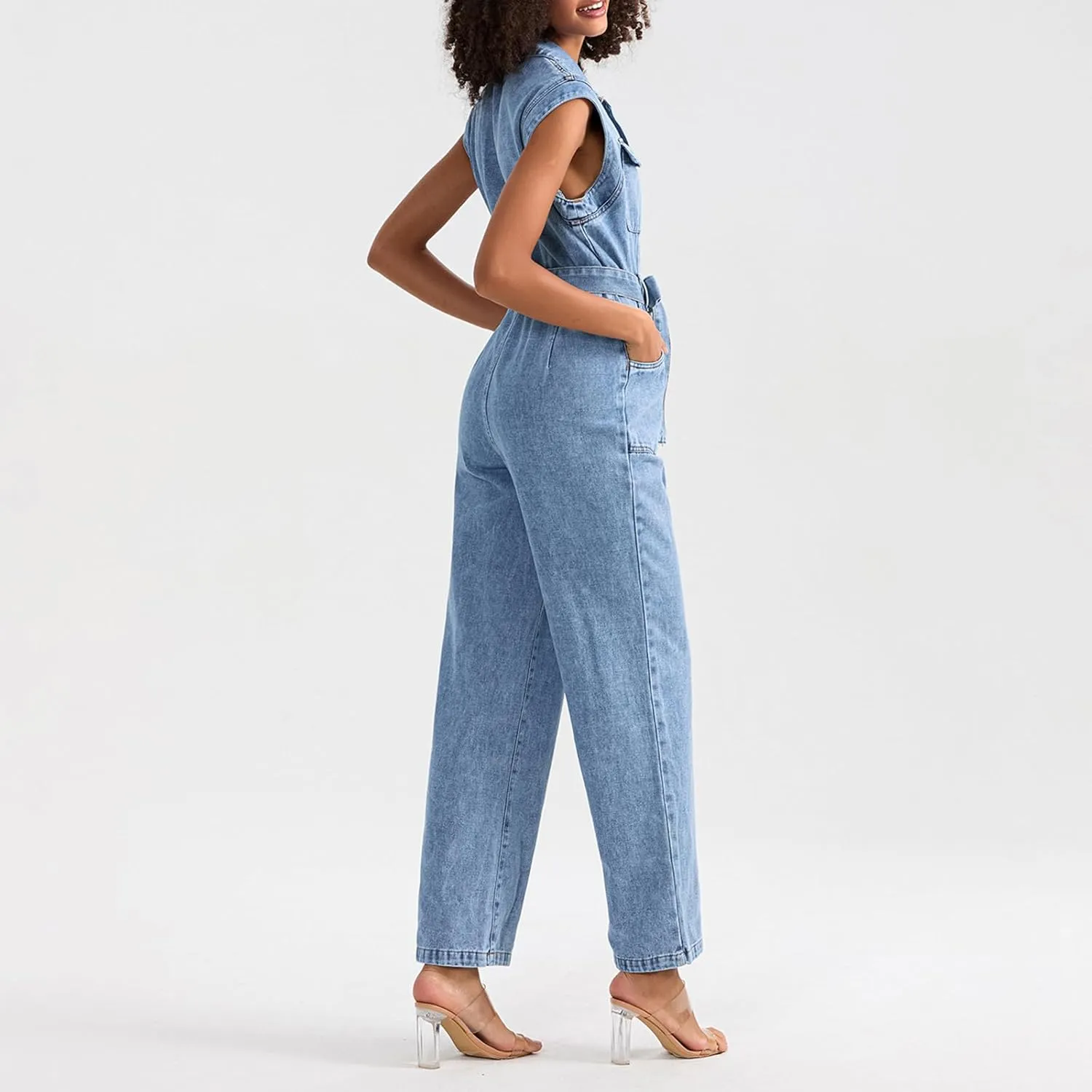 Denim Jumpsuits for Women Sleeveless Button High Waist Straight Leg Jumpsuits Summer Rompers with Belt