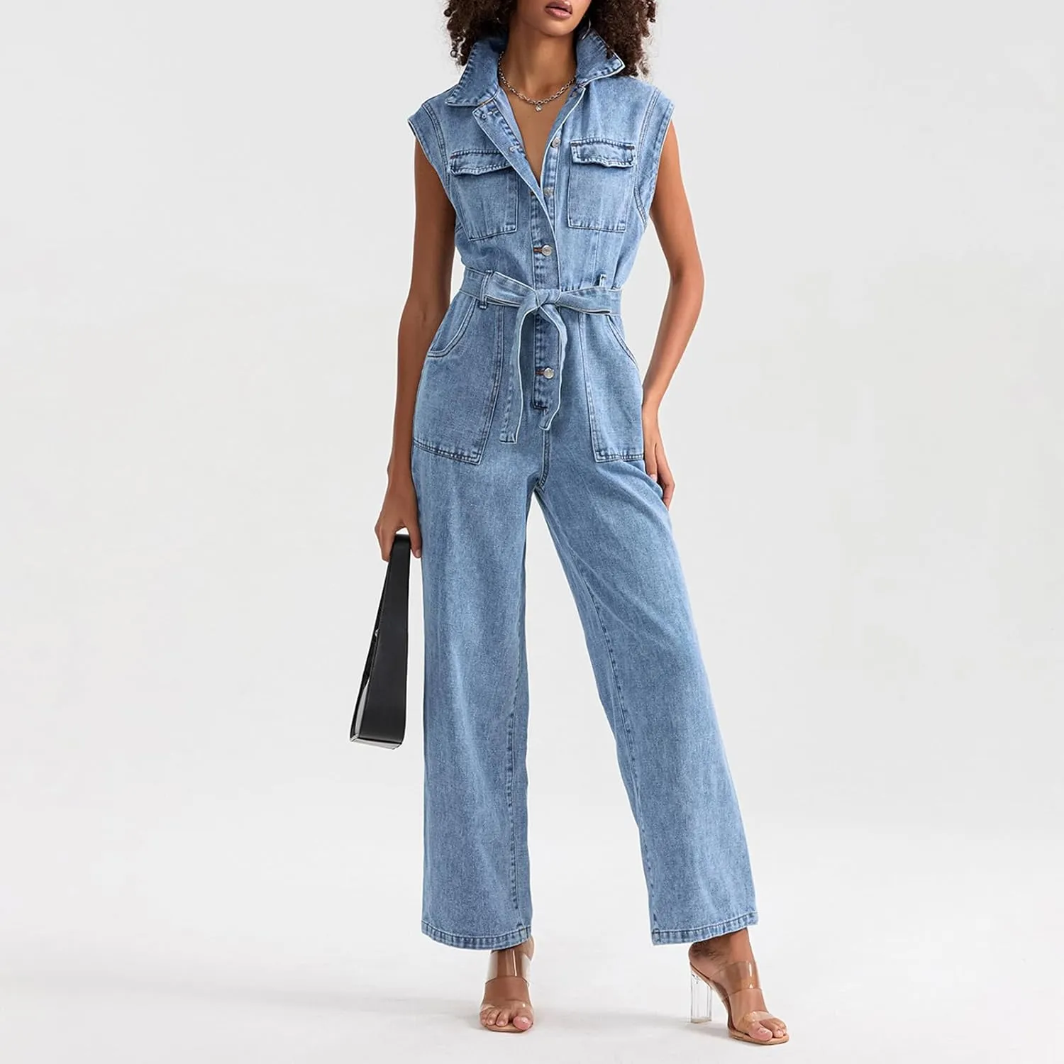 Denim Jumpsuits for Women Sleeveless Button High Waist Straight Leg Jumpsuits Summer Rompers with Belt