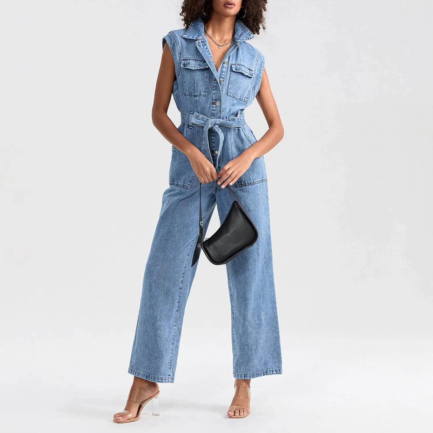 Denim Jumpsuits for Women Sleeveless Button High Waist Straight Leg Jumpsuits Summer Rompers with Belt