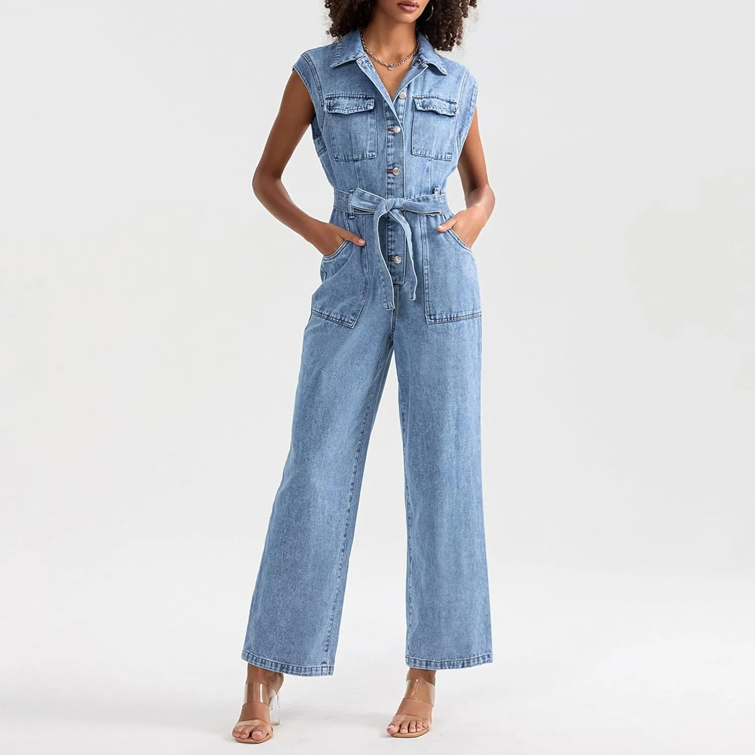 Denim Jumpsuits for Women Sleeveless Button High Waist Straight Leg Jumpsuits Summer Rompers with Belt