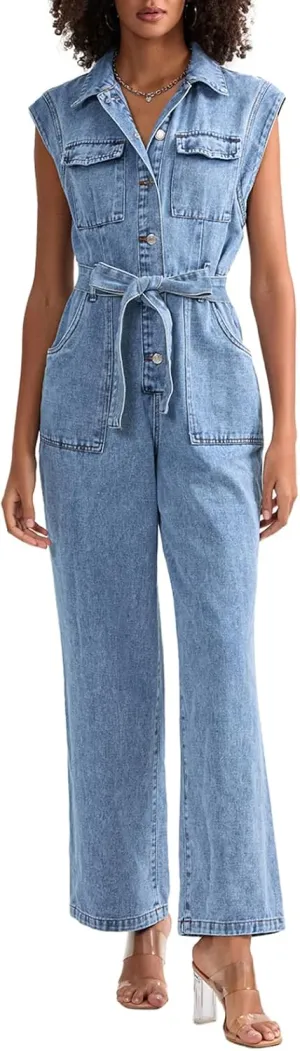 Denim Jumpsuits for Women Sleeveless Button High Waist Straight Leg Jumpsuits Summer Rompers with Belt