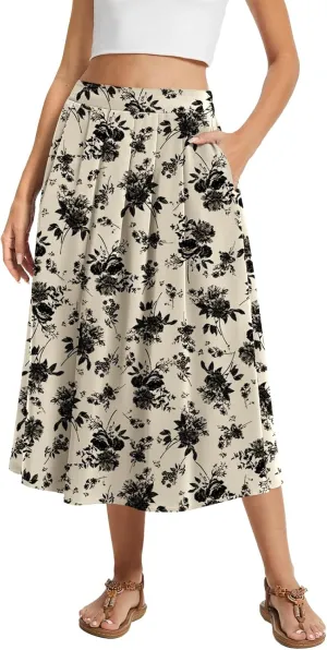 DouBCQ Midi Skirt for Women Summer Pleated A Line High Waisted Flared Skirts with Pockets