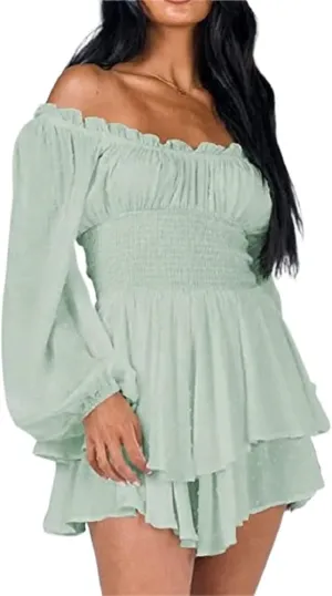Dress Romper Women Layer Ruffle Short Jumpsuit Off Shoulder Lantern Long Sleeve Flowy Mini Dress Playsuit Y2k Fall