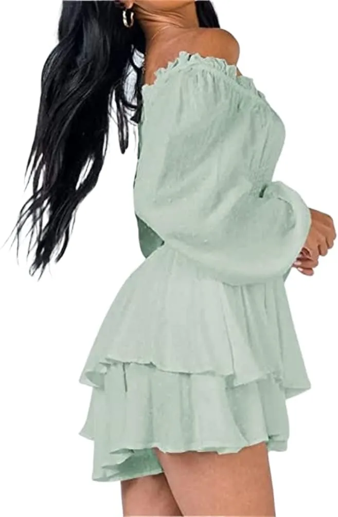 Dress Romper Women Layer Ruffle Short Jumpsuit Off Shoulder Lantern Long Sleeve Flowy Mini Dress Playsuit Y2k Fall