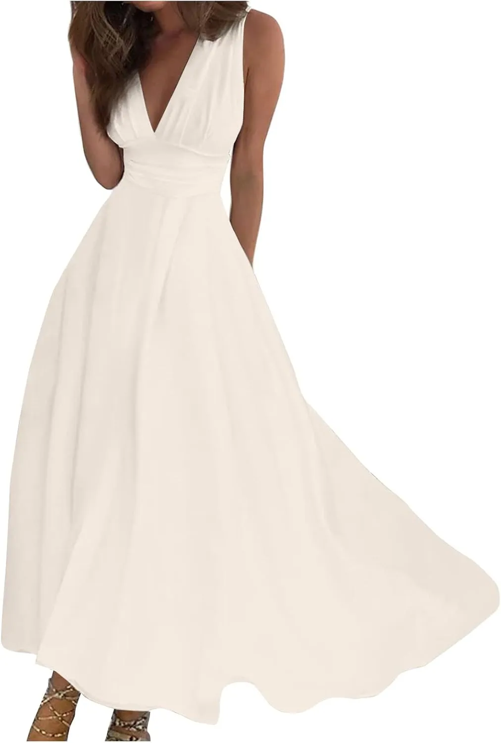 Dresses for Women 2024 Flowy Ruched Wrap V Neck Boho Dress Floral Print Sleeveless Maxi Dress Flowy Beach Dresses