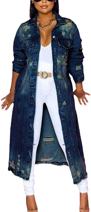 ebossy Women's Ripped Out Distressed Washed Long Blue Denim Jacket Trench Coat