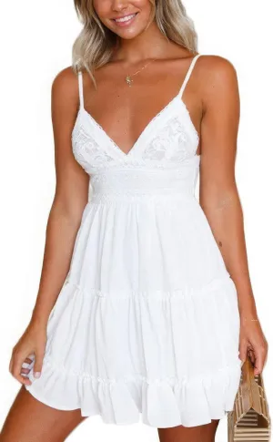 ebossy Women's Sexy Boho V Neck Sleeveless Backless Lace Swing Mini Dress Spaghetti Straps Beach Vacation Sundress