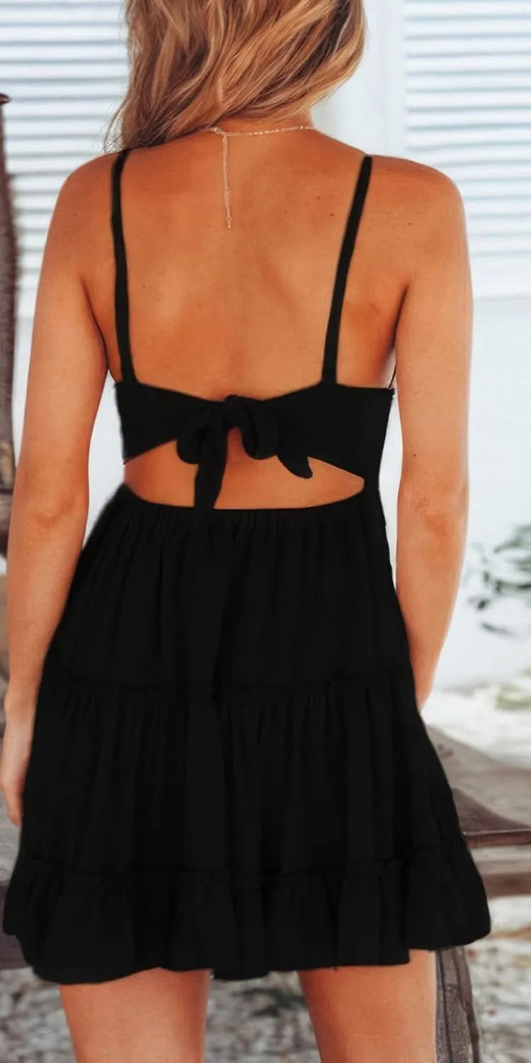 ebossy Women's Sexy Boho V Neck Sleeveless Backless Lace Swing Mini Dress Spaghetti Straps Beach Vacation Sundress