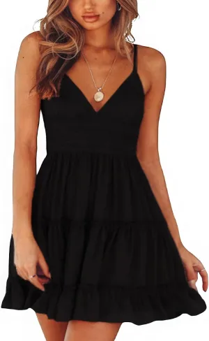 ebossy Women's Sexy Boho V Neck Sleeveless Backless Lace Swing Mini Dress Spaghetti Straps Beach Vacation Sundress