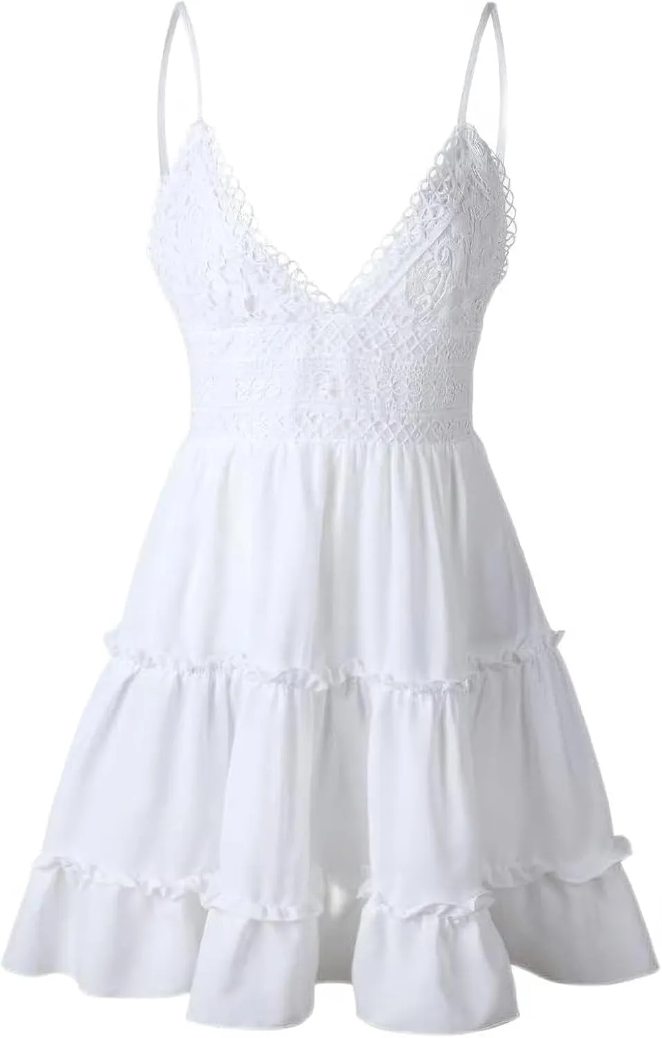 ebossy Women's Sexy Boho V Neck Sleeveless Backless Lace Swing Mini Dress Spaghetti Straps Beach Vacation Sundress