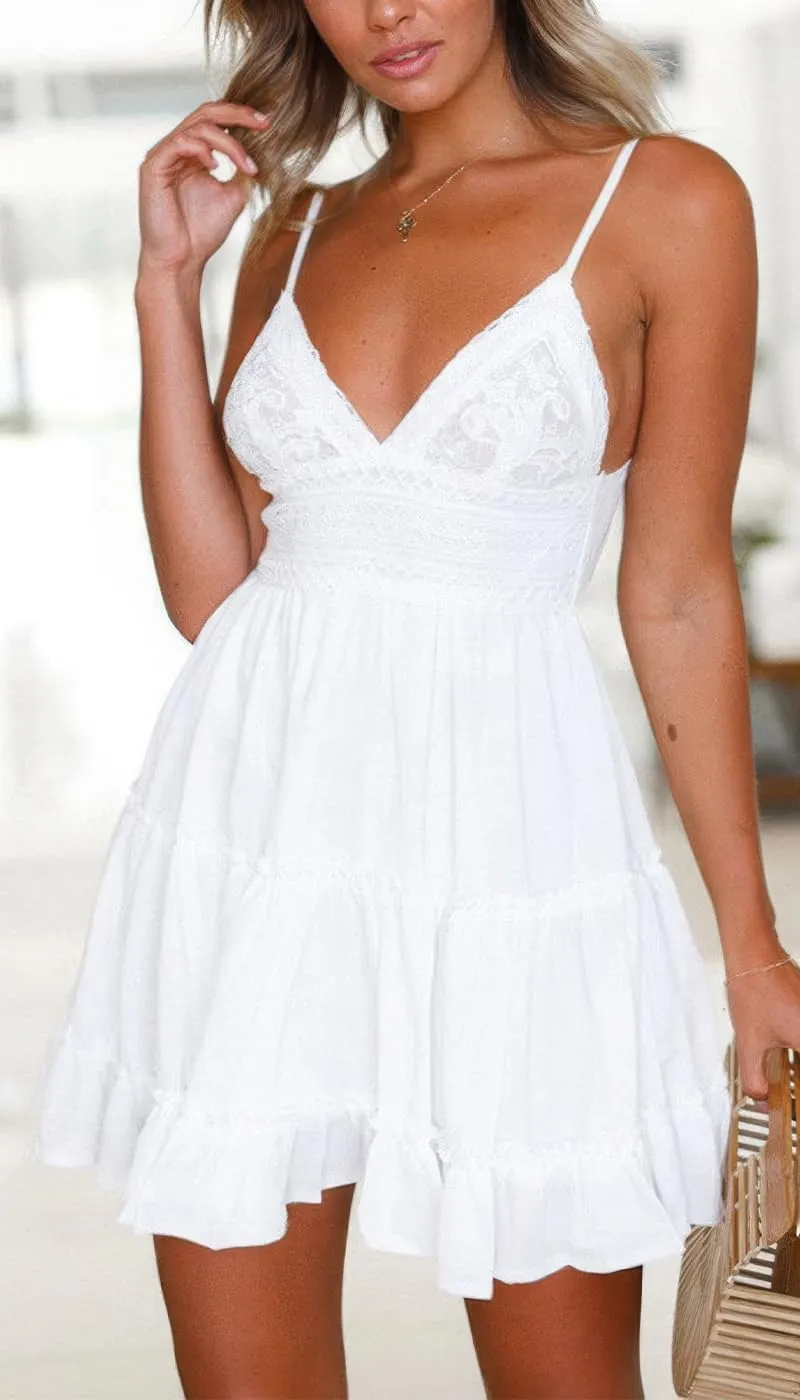 ebossy Women's Sexy Boho V Neck Sleeveless Backless Lace Swing Mini Dress Spaghetti Straps Beach Vacation Sundress