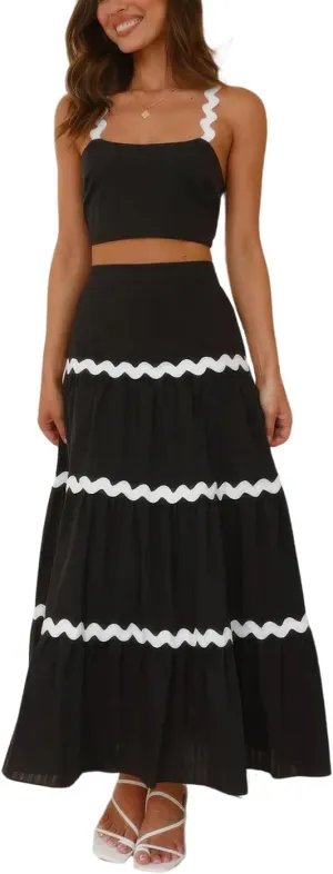 ebossy Women's Summer 2 Piece Dress Ricrac Smocked Cami Crop Top Boho Elastic Waist Tiered Flowy A-line Long Skirt Sets