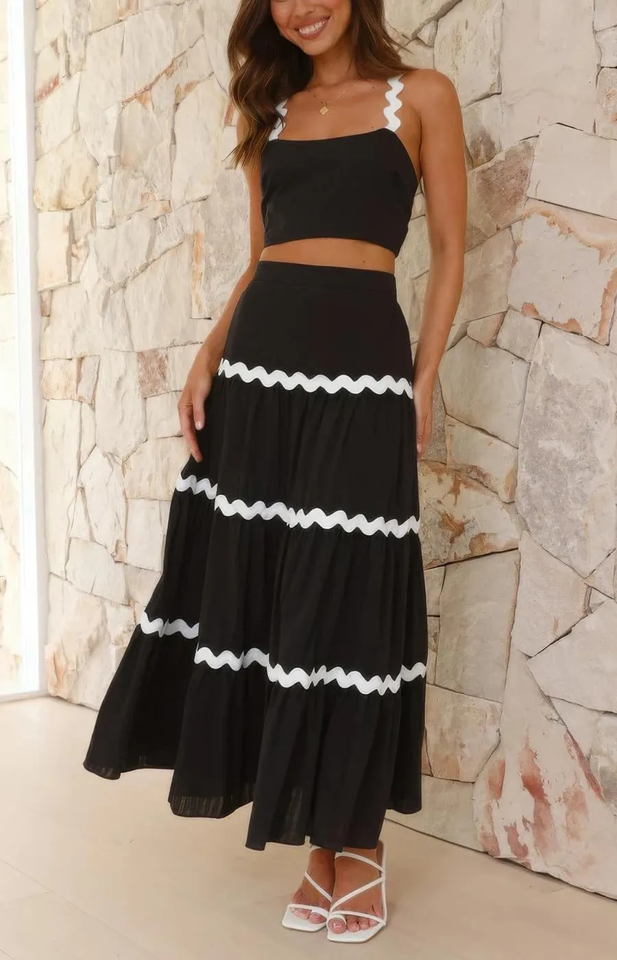 ebossy Women's Summer 2 Piece Dress Ricrac Smocked Cami Crop Top Boho Elastic Waist Tiered Flowy A-line Long Skirt Sets