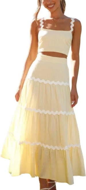 ebossy Women's Summer 2 Piece Dress Ricrac Smocked Cami Crop Top Boho Elastic Waist Tiered Flowy A-line Long Skirt Sets