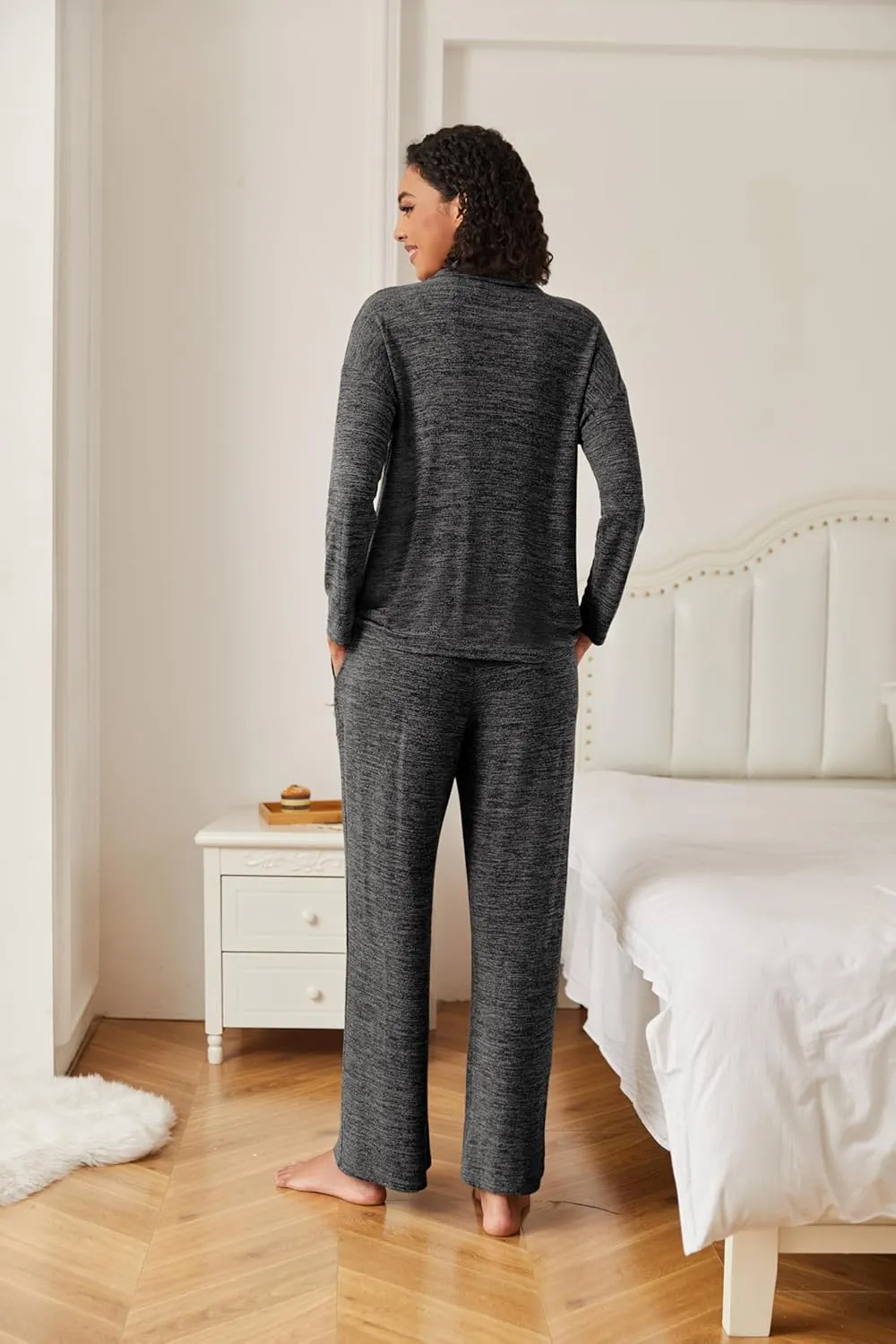 Ekouaer Women's Pajamas Set 2 Piece Knit Long Sleeve Button Down Sleepwear Soft Pjs Lounge Sets S-XXL