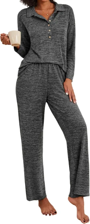 Ekouaer Women's Pajamas Set 2 Piece Knit Long Sleeve Button Down Sleepwear Soft Pjs Lounge Sets S-XXL