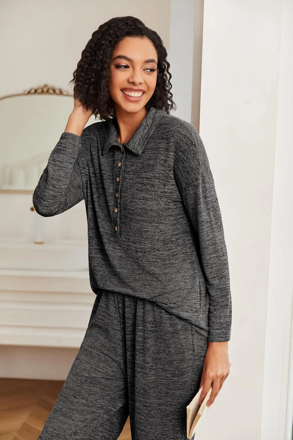 Ekouaer Women's Pajamas Set 2 Piece Knit Long Sleeve Button Down Sleepwear Soft Pjs Lounge Sets S-XXL