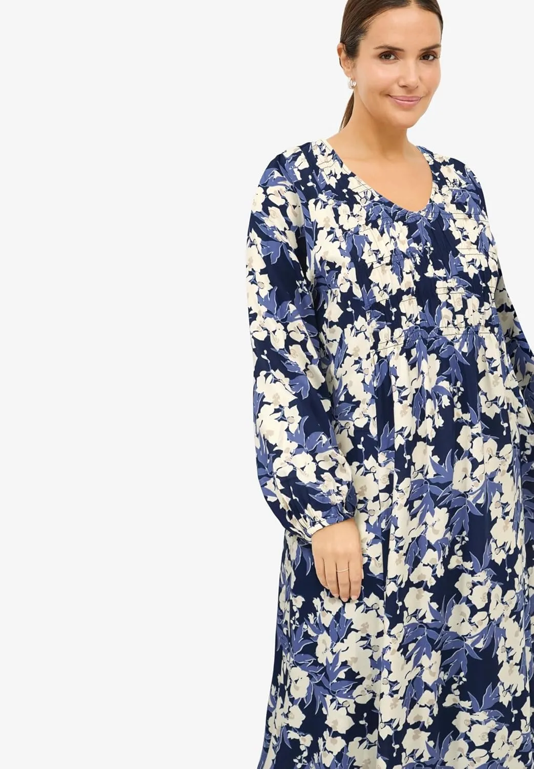 ellos Women's Plus Size Smocked Bodice V-Neck Midi Dress