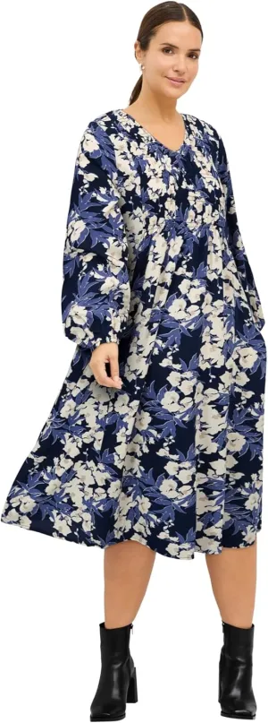 ellos Women's Plus Size Smocked Bodice V-Neck Midi Dress