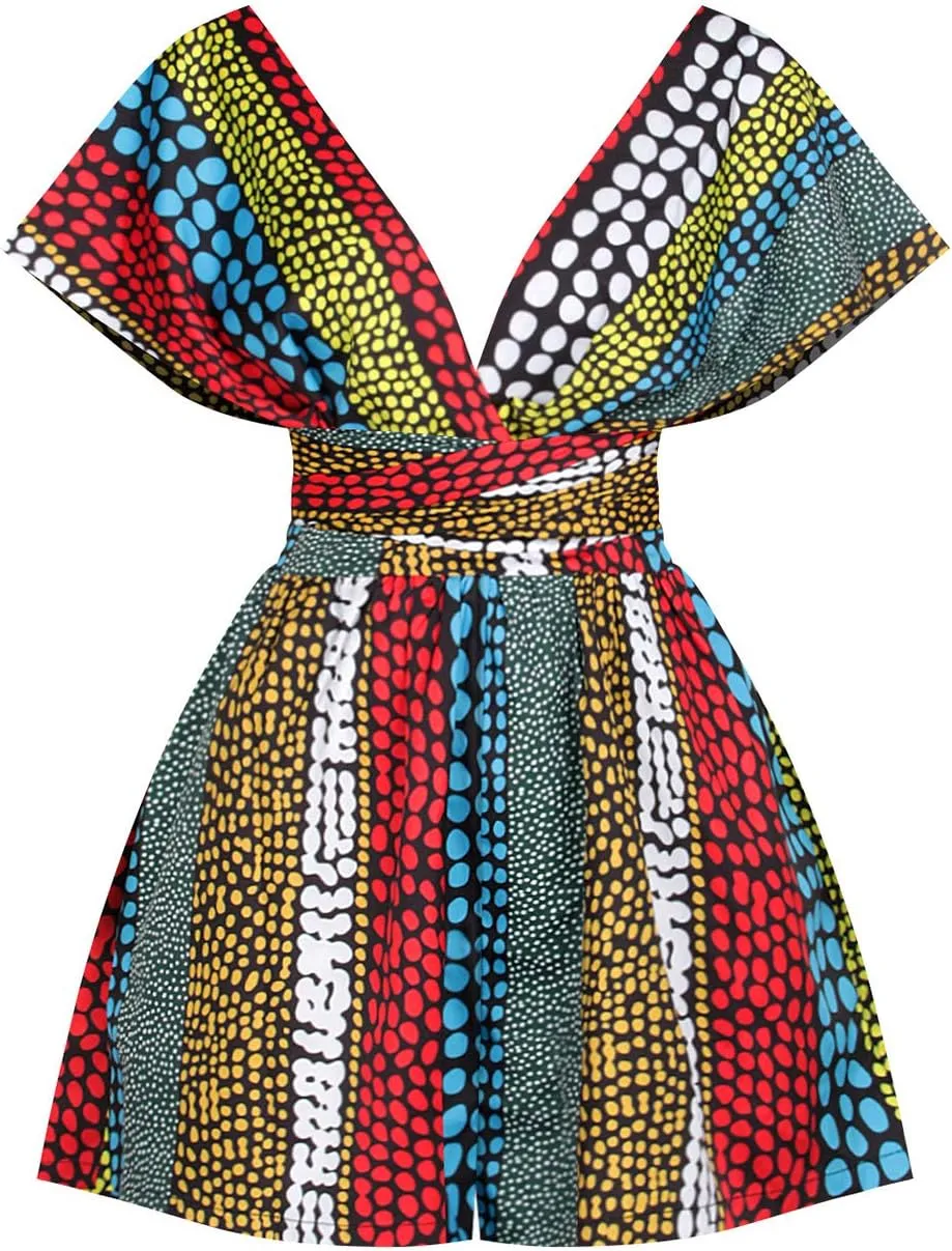 Erinaco Women Sexy Boho African Dress Multi-Way Dress Long Maxi Dress V-Neck Pleated Dress Floral Print