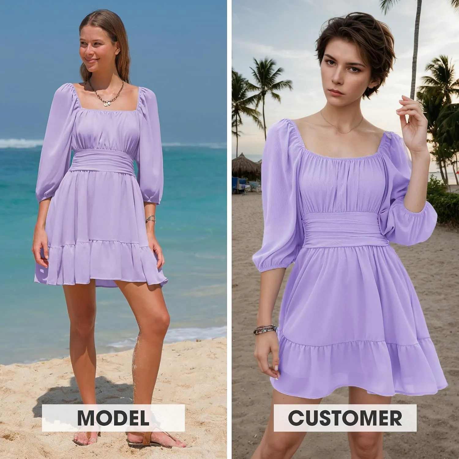 EXLURA Women's Lantern Sleeve Tie Back Summer Dress Ruffled Off Shoulder A-Line Vintage Mini Dress