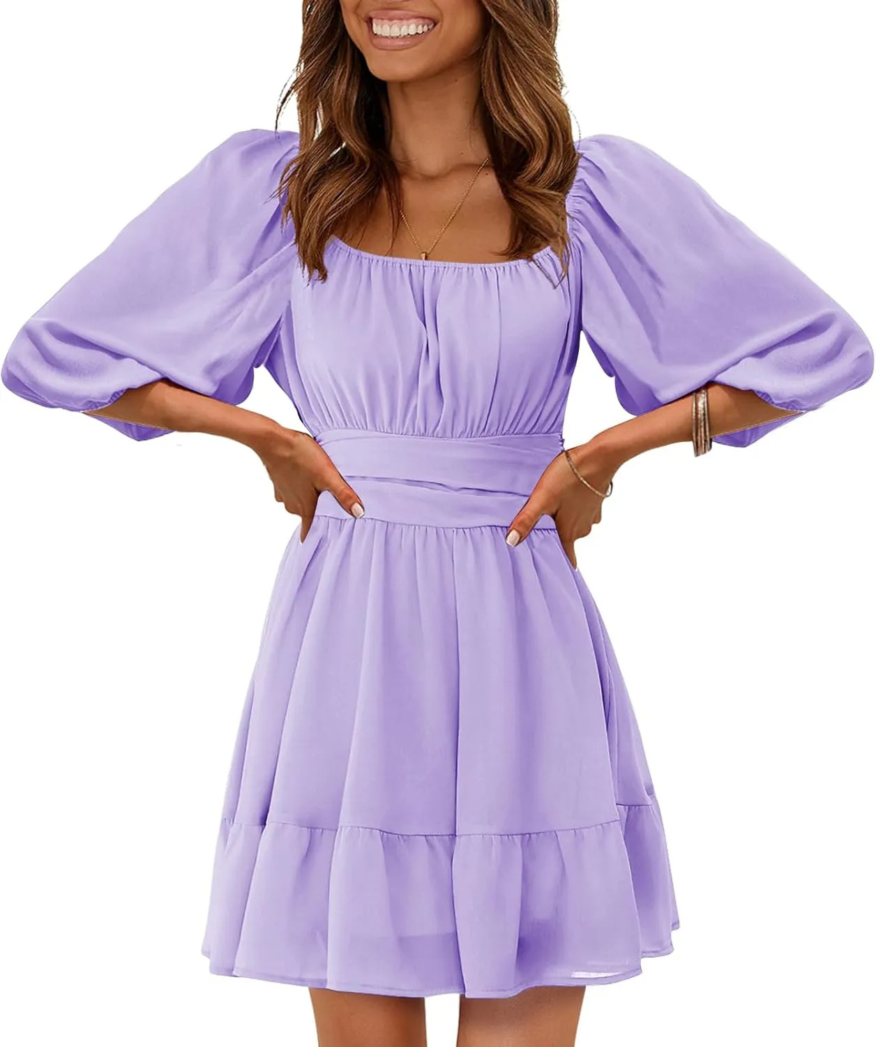 EXLURA Women's Lantern Sleeve Tie Back Summer Dress Ruffled Off Shoulder A-Line Vintage Mini Dress